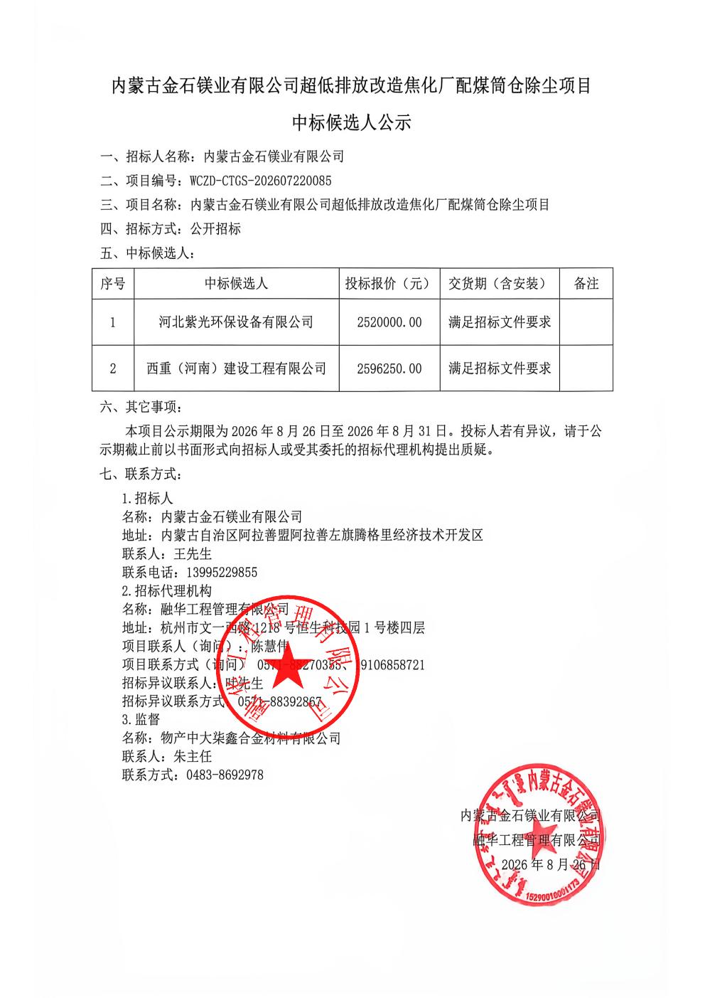 内蒙古金石镁业有限公司超低排放改造焦化厂配煤筒仓除尘项目中标候选人公示_01.jpg